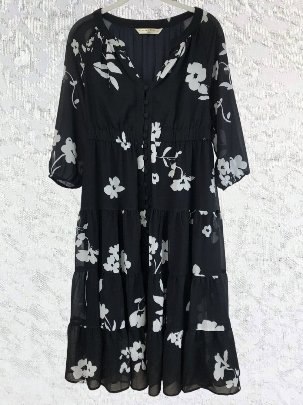 Wayward Fancies eShakti B&W Floral Dress Elastic Waist V-Neck Button Front Lined